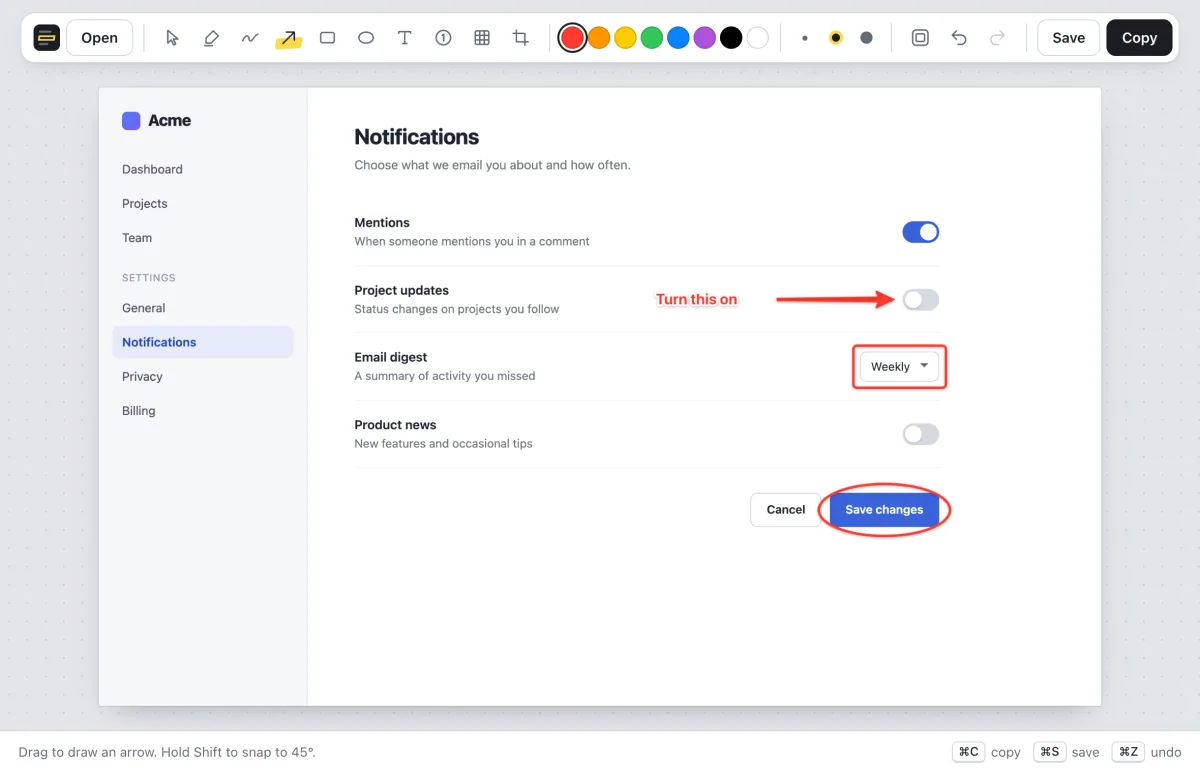 A settings screen in Shotlighter with an arrow and the label 'Turn this on' pointing at a toggle, a box around a dropdown and a circle around the Save button