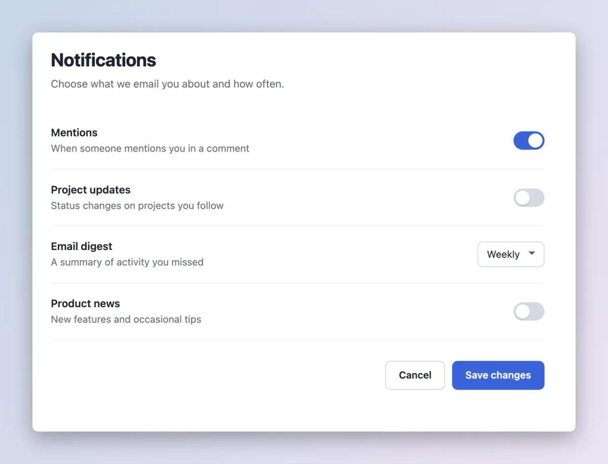 The cropped notifications panel on a soft blue-to-lilac gradient, with rounded corners and a drop shadow