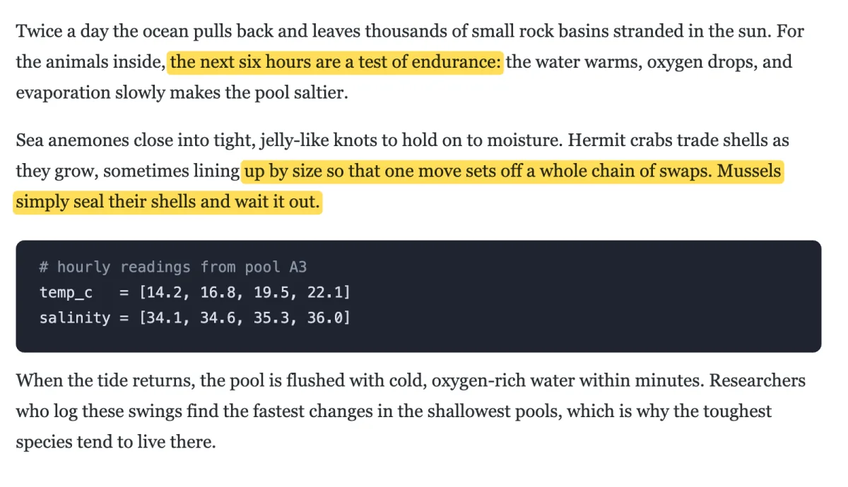 Close-up of an article where one highlight starts partway through a line and continues to the end of the next line