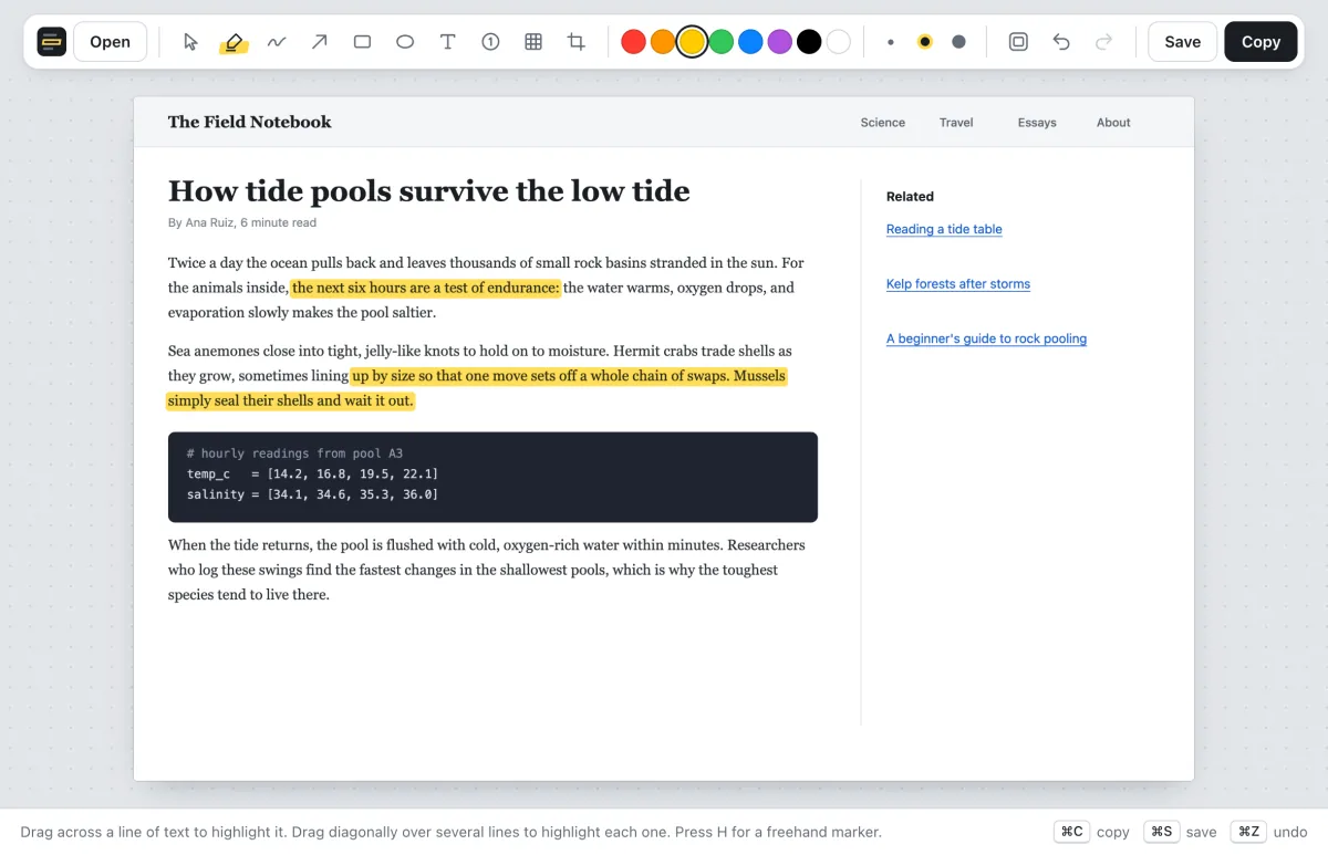 The Shotlighter editor showing an article screenshot with two highlighted passages