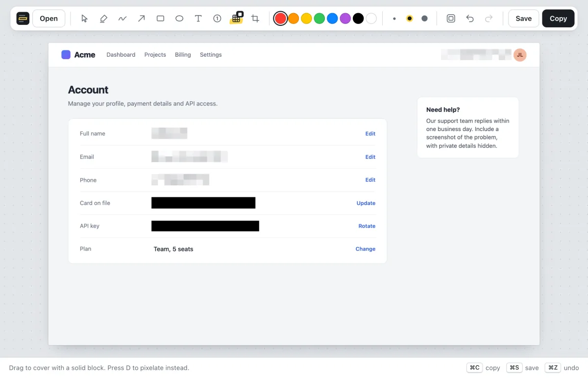 An account page in Shotlighter with the name, email and phone number pixelated, and the card number and API key covered by black blocks
