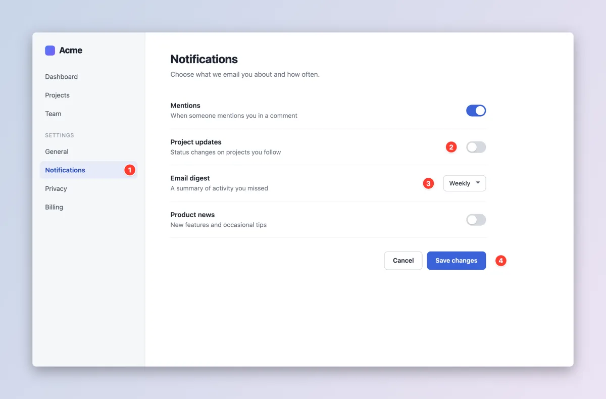 A settings screen with red numbered markers 1 to 4 beside the Notifications menu item, a toggle, a dropdown and the Save button, on a soft gradient backdrop